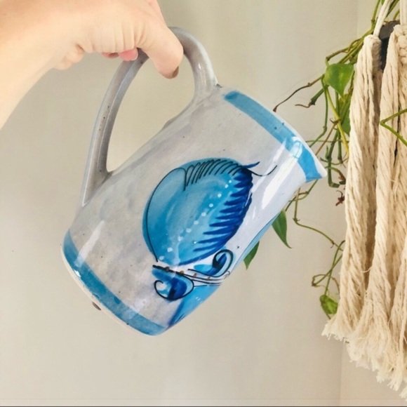 Vintage Gray and Blue Tonala Mexico Bird Flower Pottery Pitcher Vase Jug - Picture 12 of 12